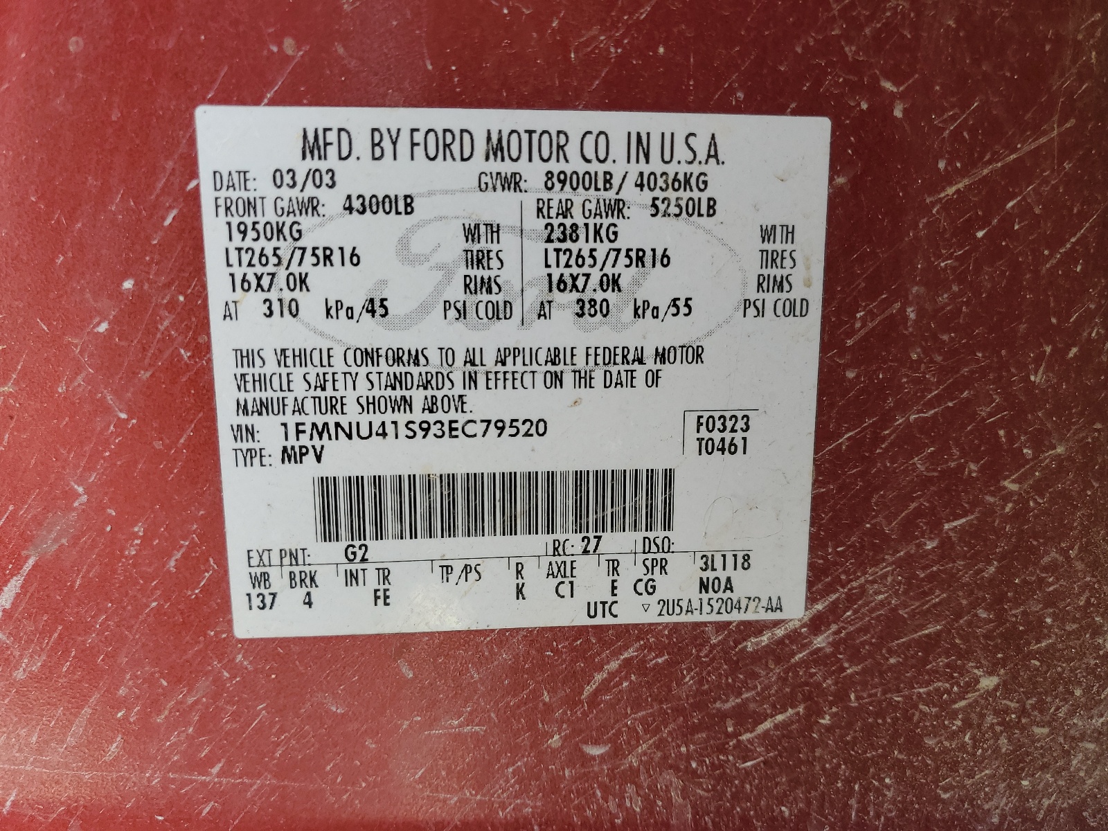 1FMNU41S93EC79520 2003 Ford Excursion Xlt