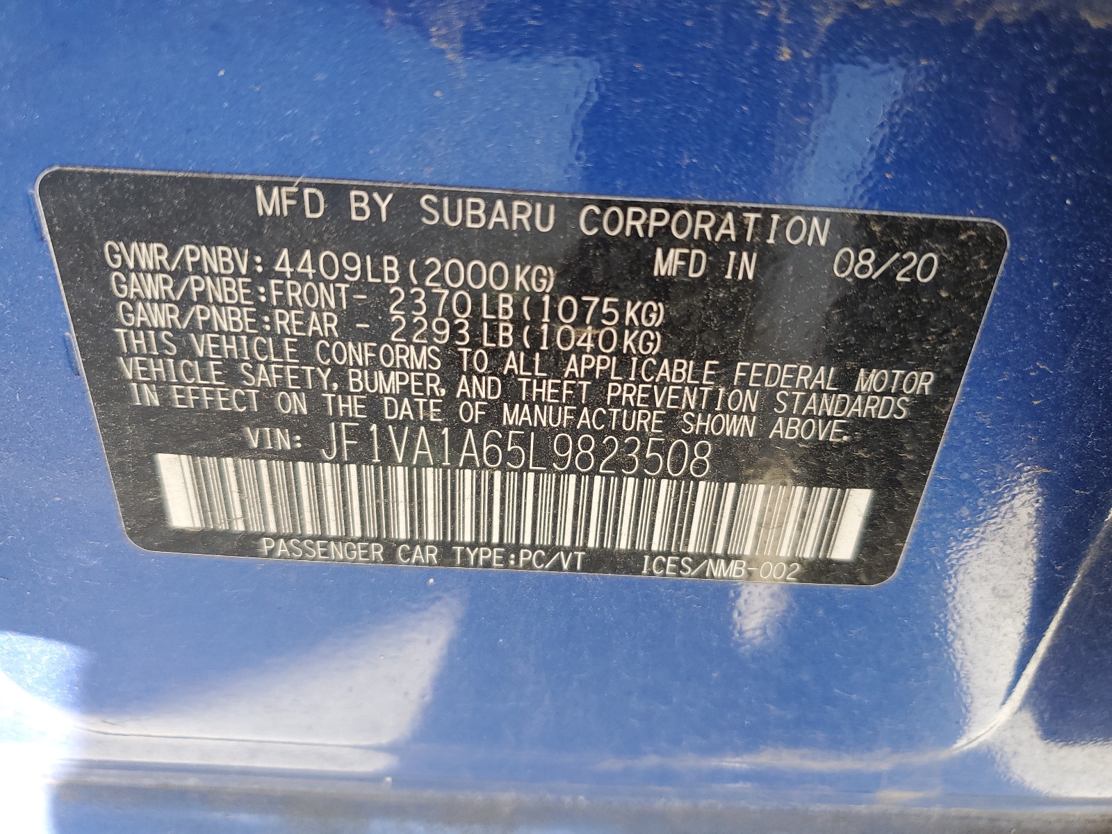 JF1VA1A65L9823508 2020 Subaru Wrx