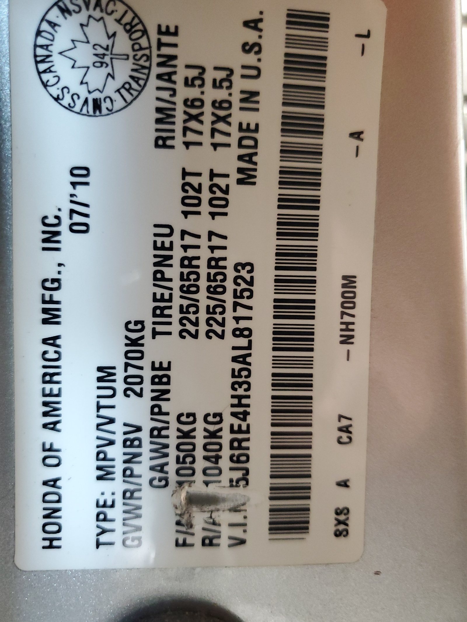 5J6RE4H35AL817523 2010 Honda Cr-V Lx