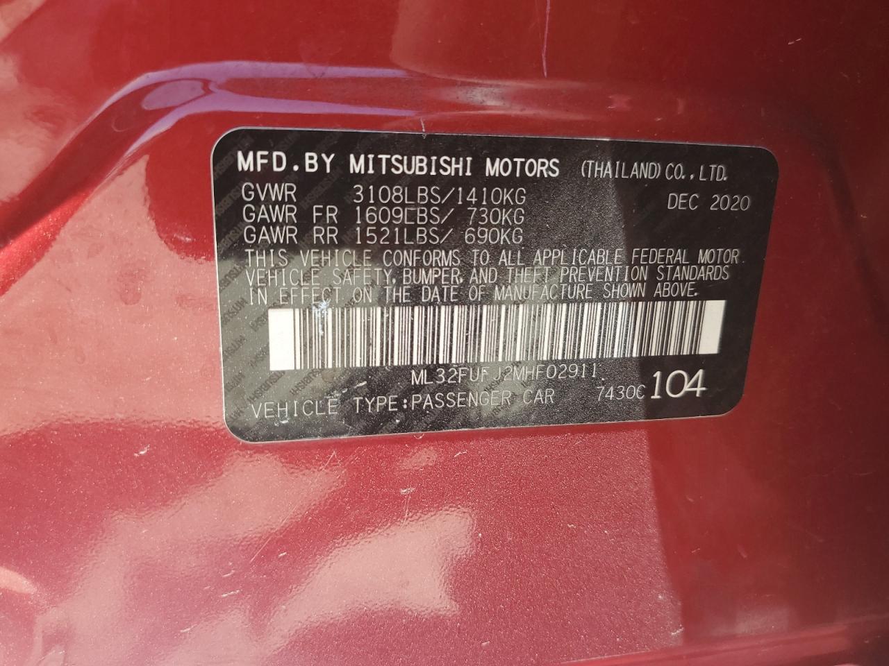 2021 Mitsubishi Mirage G4 Es VIN: ML32FUFJ2MHF02911 Lot: 60164584