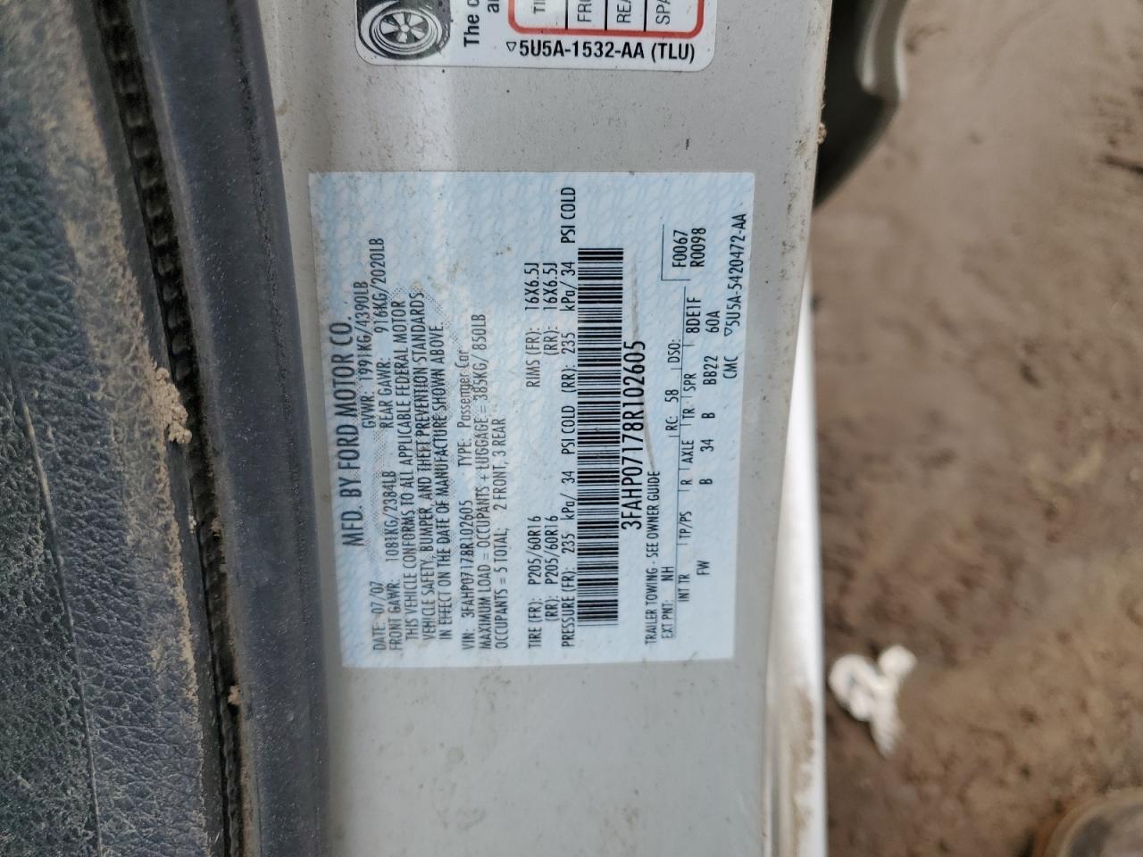 2008 Ford Fusion Se VIN: 3FAHP07178R102605 Lot: 61207544