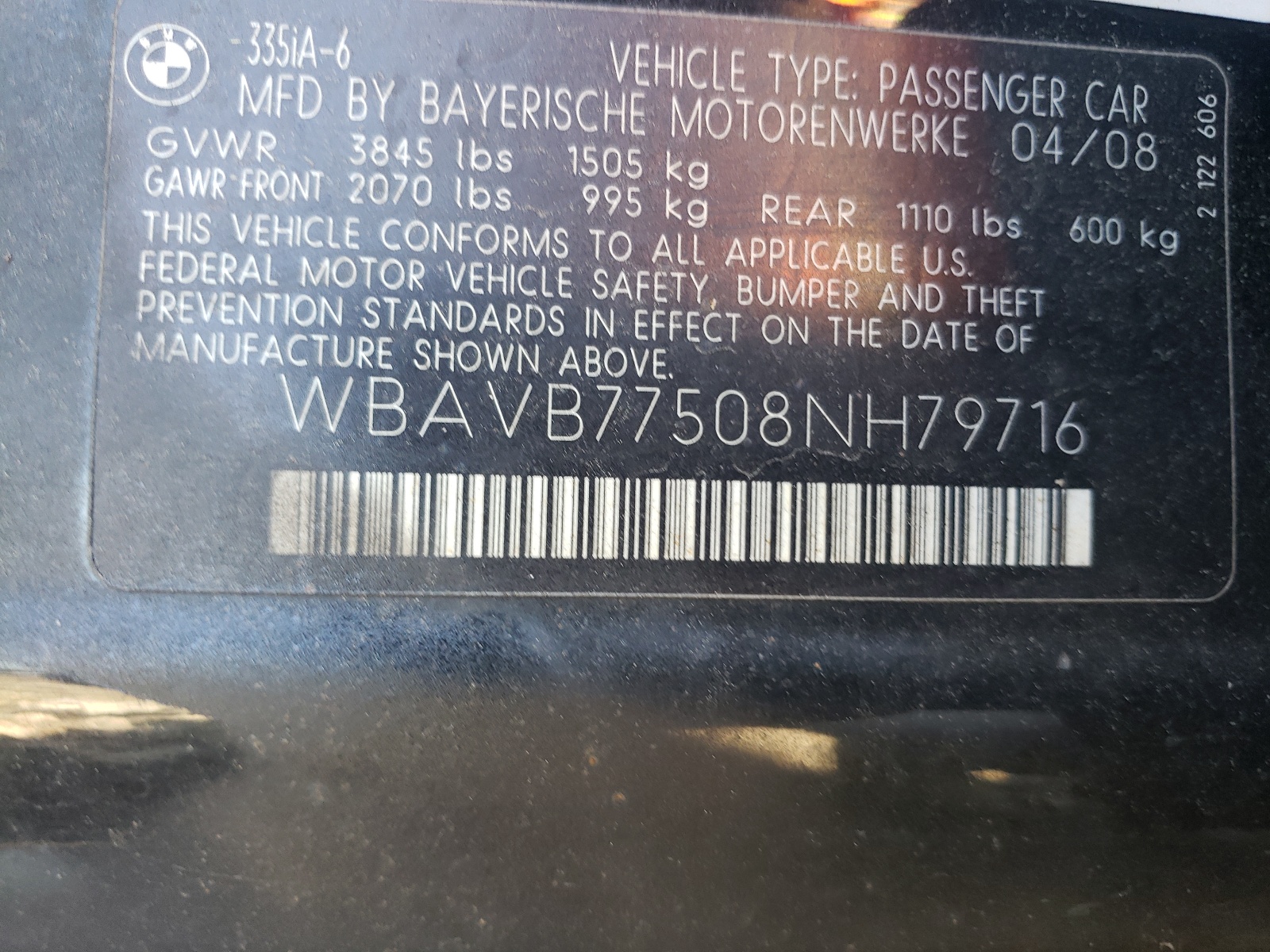 WBAVB77508NH79716 2008 BMW 335 I