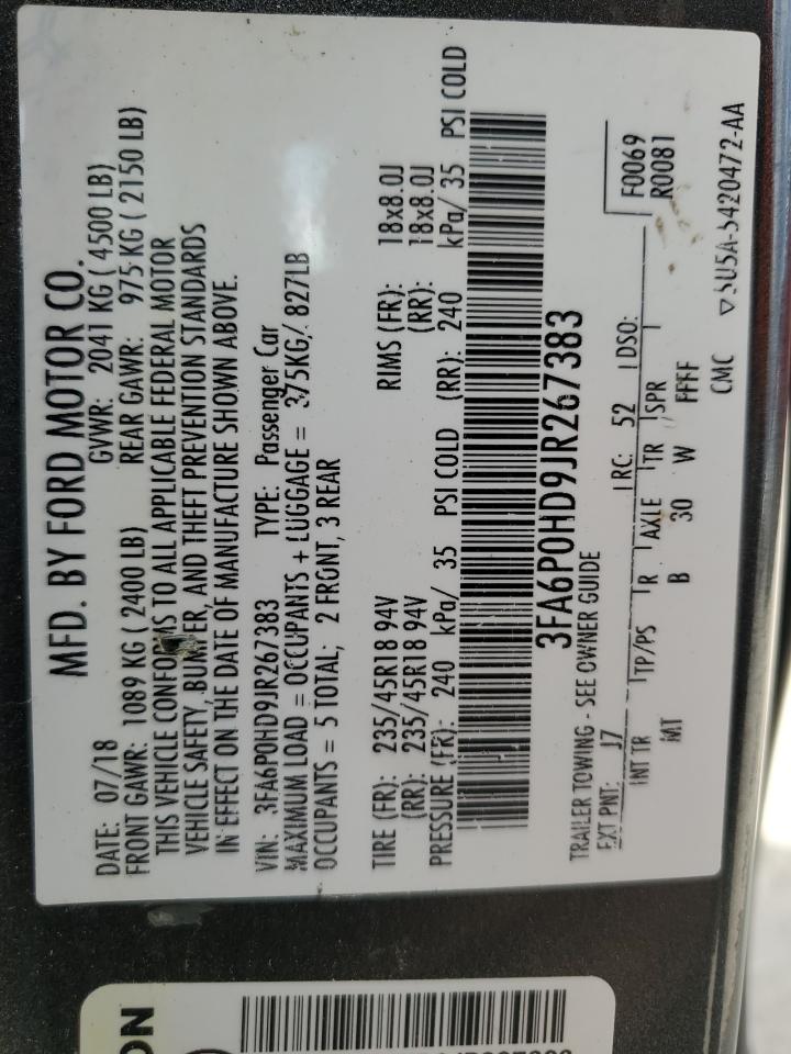 2018 Ford Fusion Se VIN: 3FA6P0HD9JR267383 Lot: 59262124