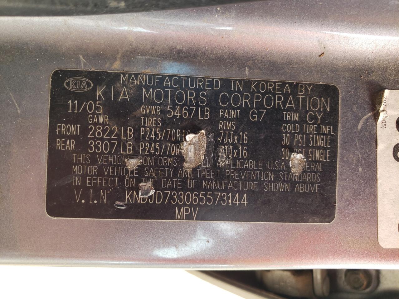 2006 Kia Sorento Ex VIN: KNDJD733065573144 Lot: 59892454