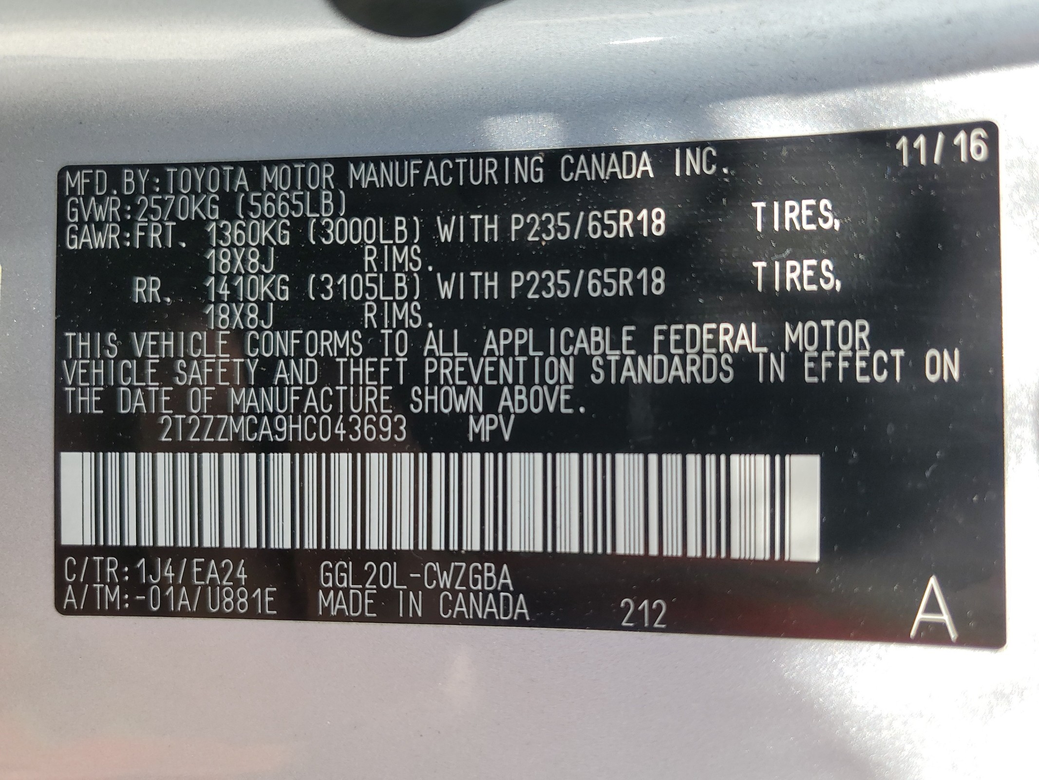 2T2ZZMCA9HC043693 2017 Lexus Rx 350 Base