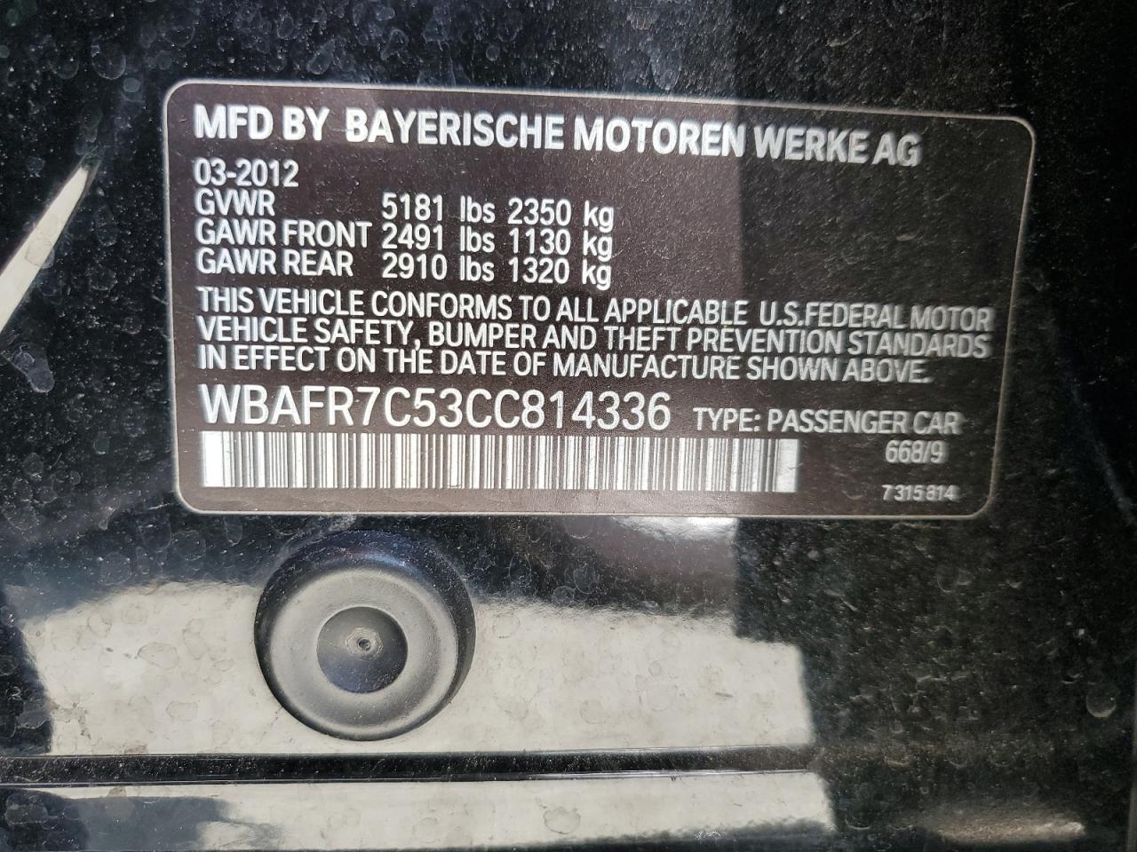 2012 BMW 535 I VIN: WBAFR7C53CC814336 Lot: 59180824