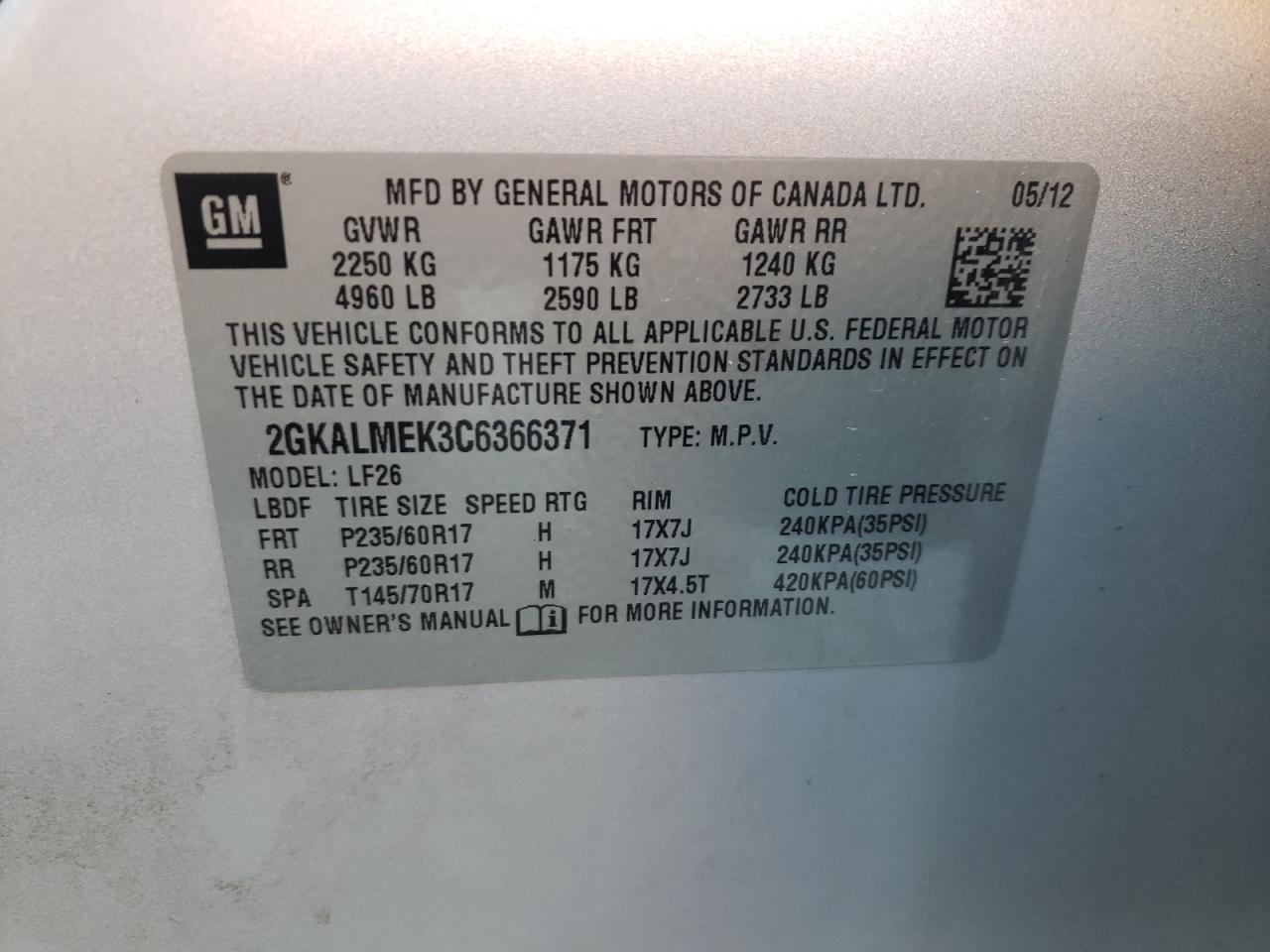 2012 GMC Terrain Sle VIN: 2GKALMEK3C6366371 Lot: 57977264