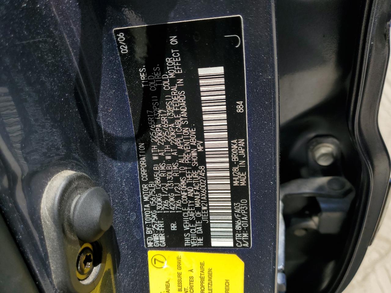 2006 Toyota Highlander Hybrid VIN: JTEEW21AX60027458 Lot: 59695204