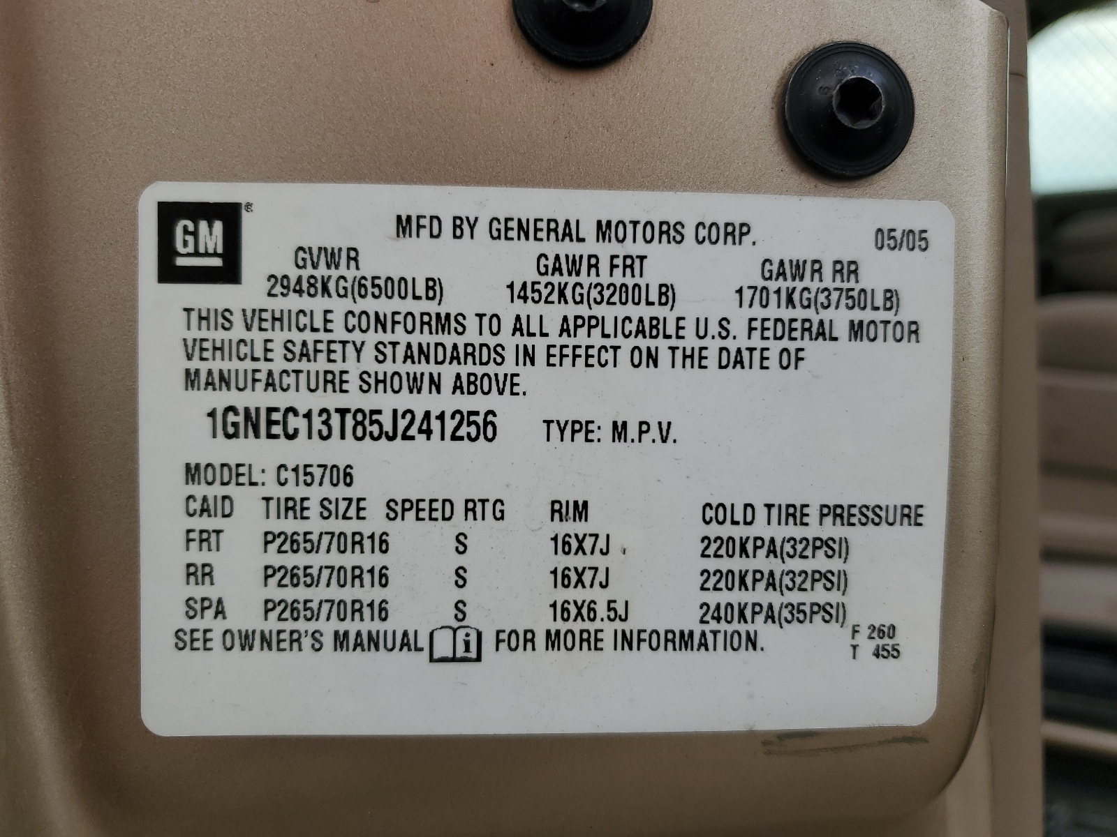 1GNEC13T85J241256 2005 Chevrolet Tahoe C1500