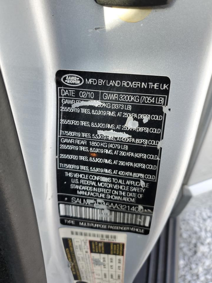 2010 Land Rover Range Rover Hse VIN: SALME1D45AA321400 Lot: 60819004