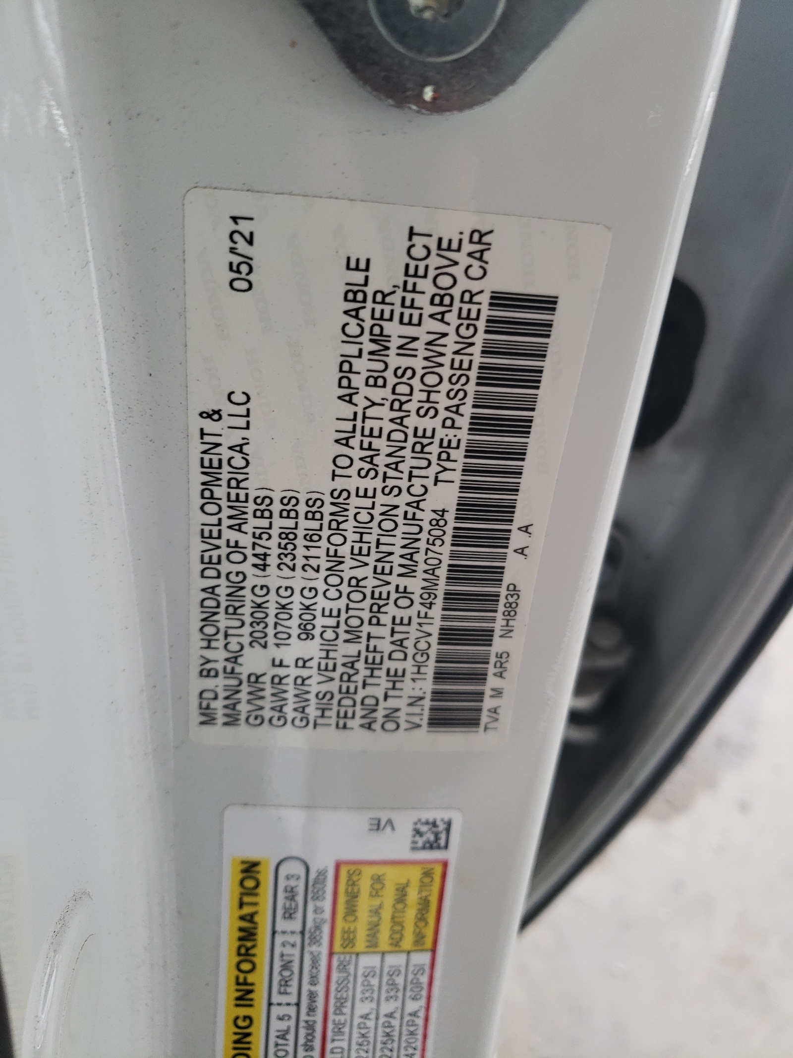 1HGCV1F49MA075084 2021 Honda Accord Sport Se