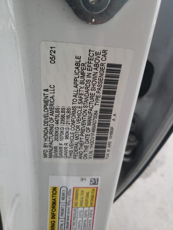 2021 Honda Accord Sport Se VIN: 1HGCV1F49MA075084 Lot: 58687104