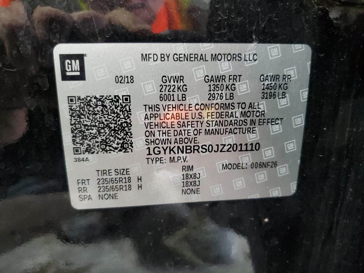 2018 Cadillac Xt5 VIN: 1GYKNBRS0JZ201110 Lot: 60657844