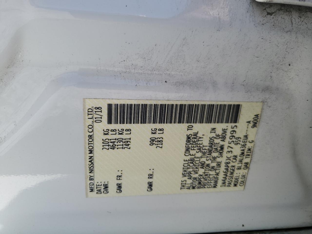 2018 Nissan Maxima 3.5S VIN: 1N4AA6AP8JC375995 Lot: 58114384