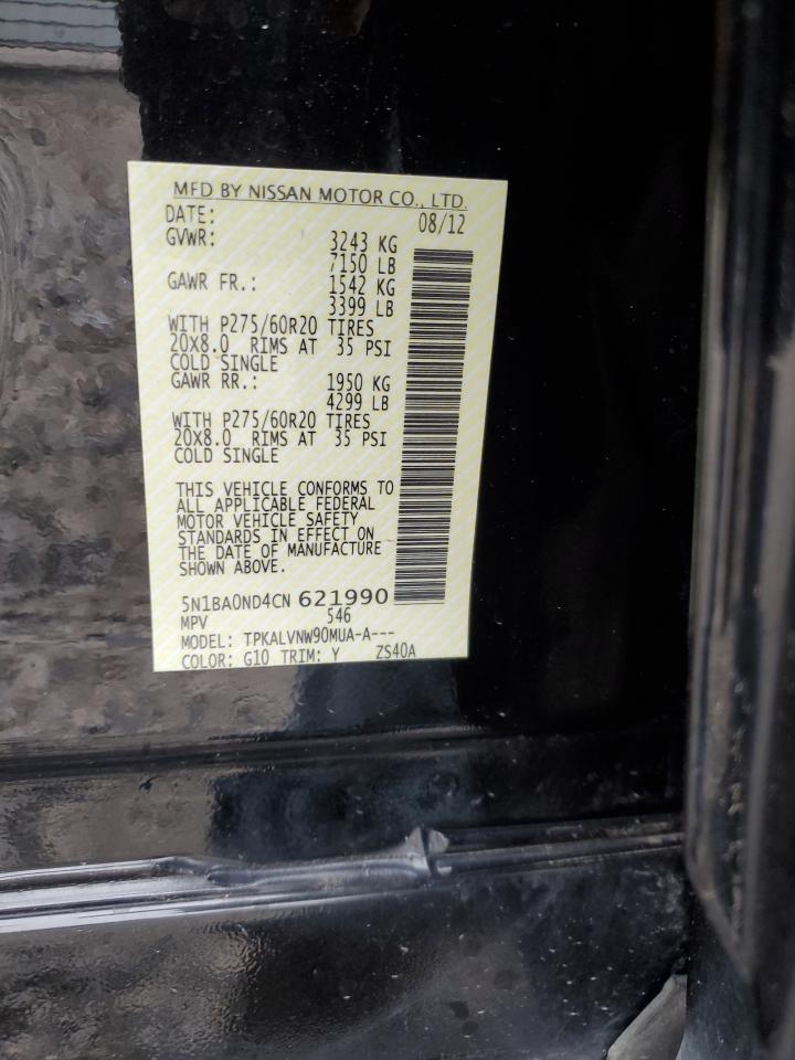 2012 Nissan Armada Sv VIN: 5N1BA0ND4CN621990 Lot: 57413994