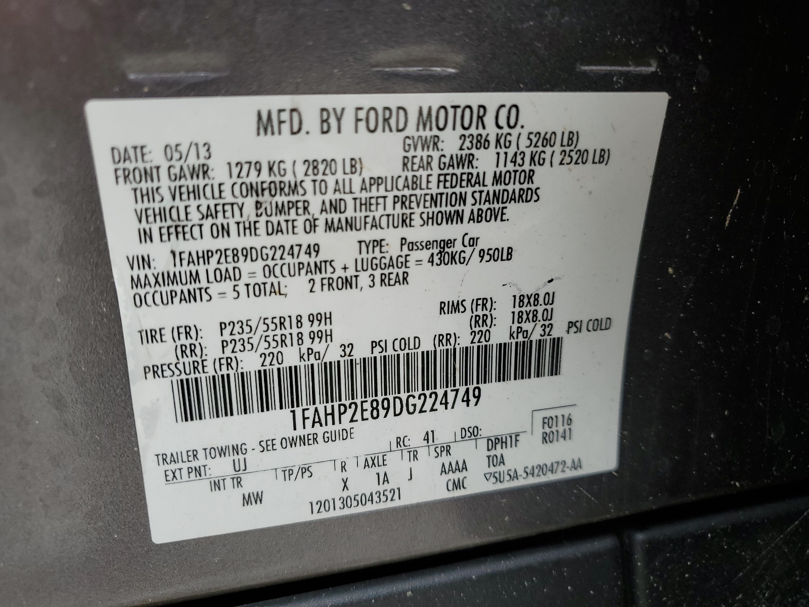 1FAHP2E89DG224749 2013 Ford Taurus Sel