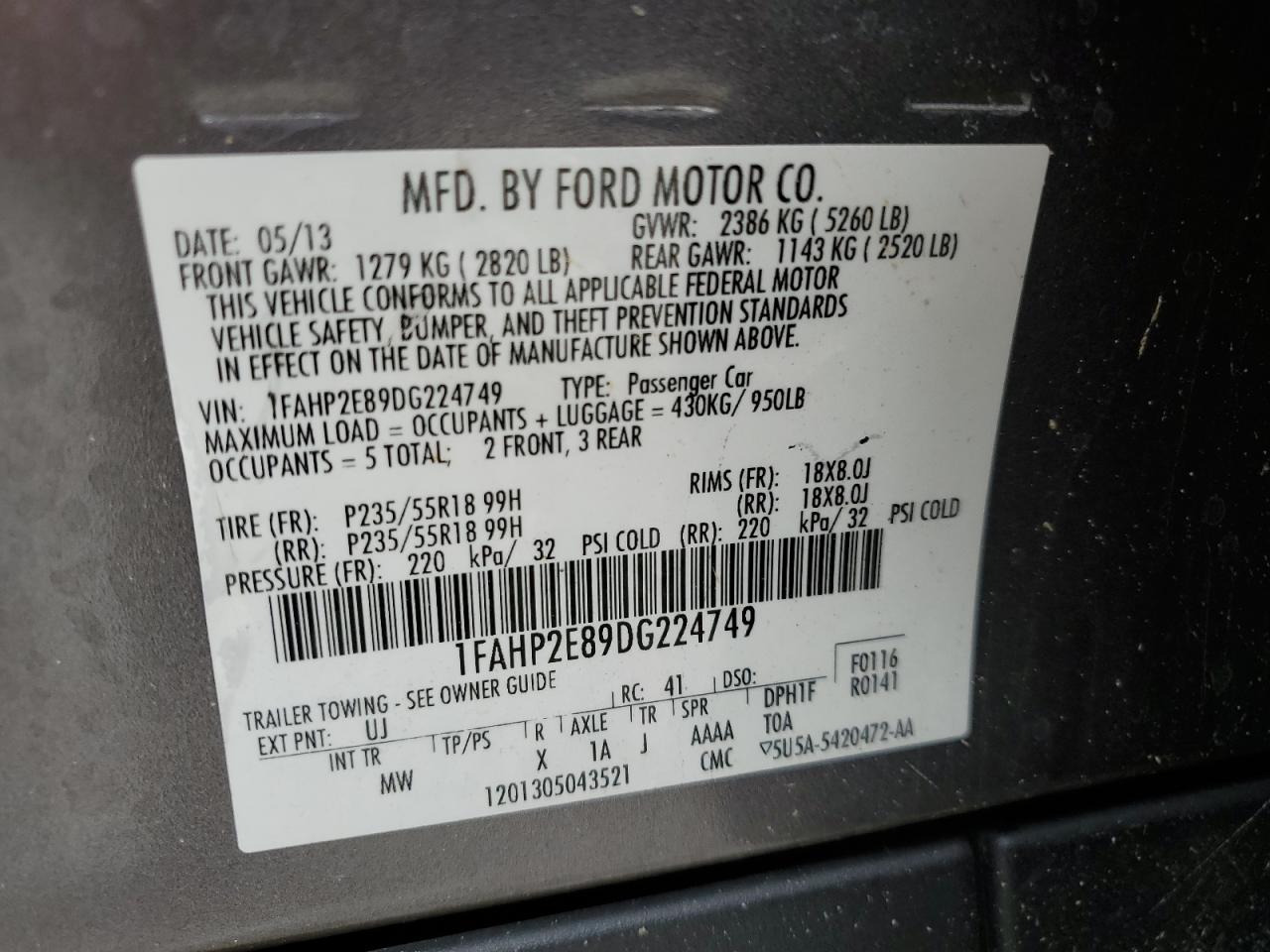 2013 Ford Taurus Sel VIN: 1FAHP2E89DG224749 Lot: 60385484