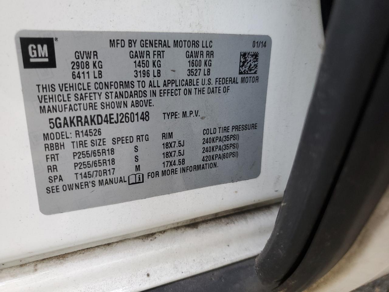 2014 Buick Enclave VIN: 5GAKRAKD4EJ260148 Lot: 60866444