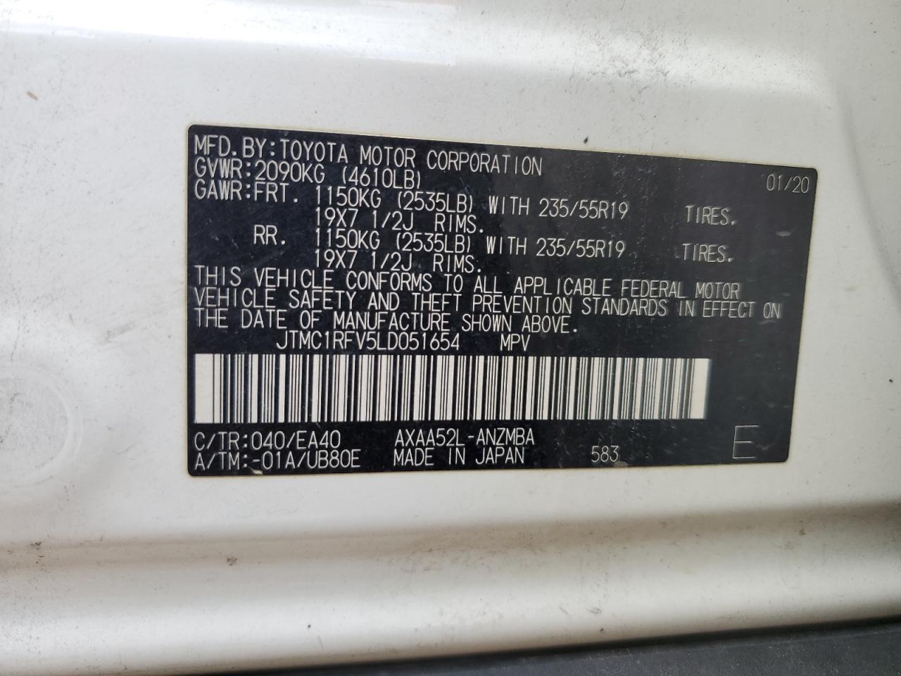 2020 Toyota Rav4 Xle Premium VIN: JTMC1RFV5LD051654 Lot: 56320764