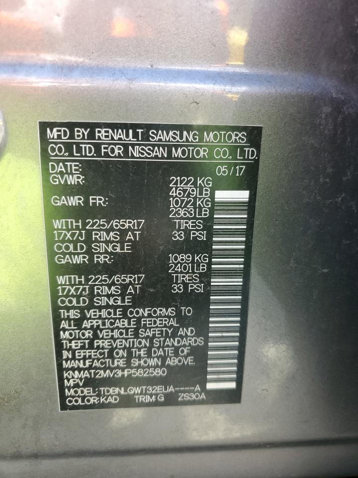 2017 Nissan Rogue S VIN: KNMAT2MV3HP582580 Lot: 60176344