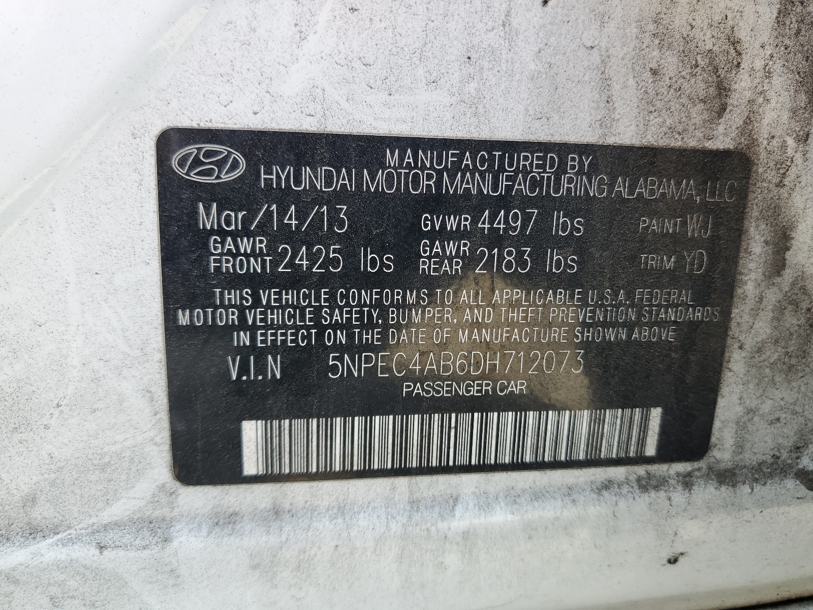 5NPEC4AB6DH712073 2013 Hyundai Sonata Se