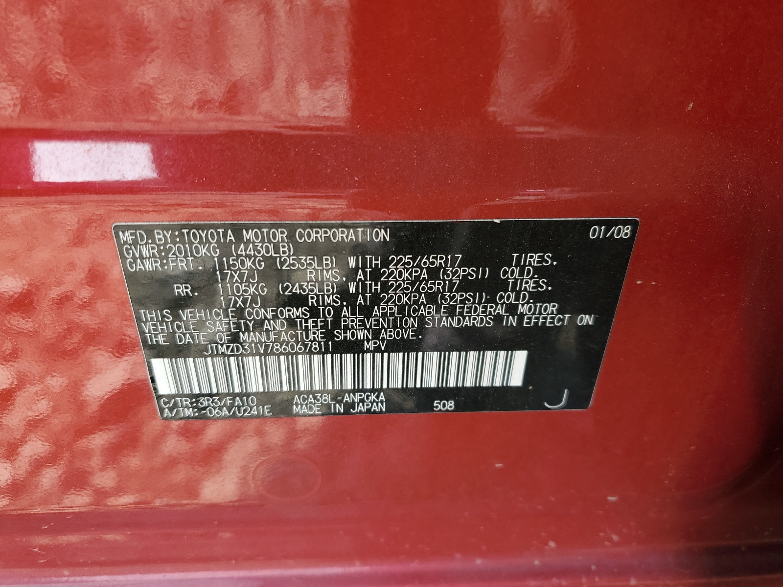 JTMZD31V786067811 2008 Toyota Rav4 Limited