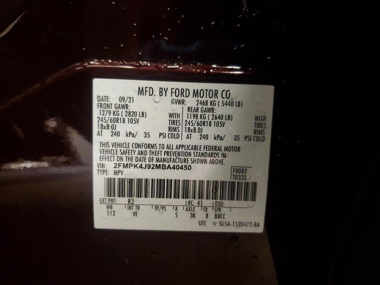 2021 Ford Edge Sel VIN: 2FMPK4J92MBA40450 Lot: 60432424