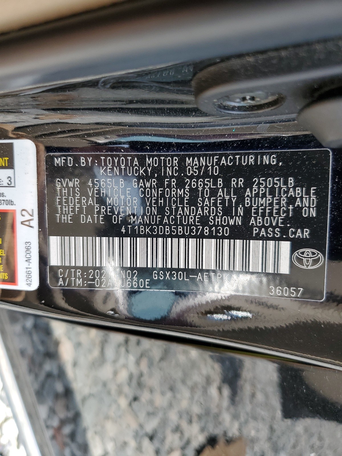 4T1BK3DB5BU378130 2011 Toyota Avalon Base