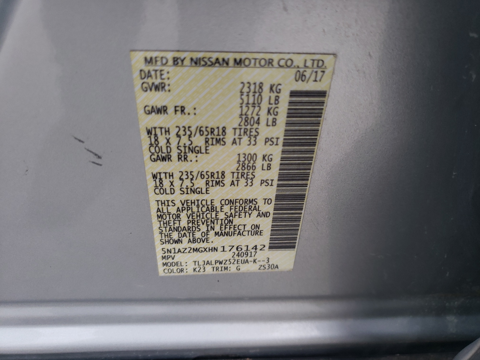 5N1AZ2MGXHN176142 2017 Nissan Murano S