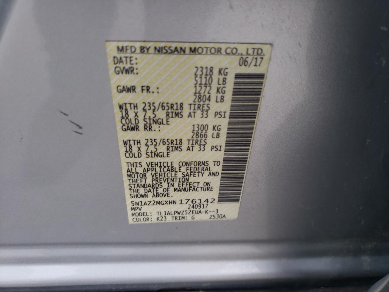 2017 Nissan Murano S VIN: 5N1AZ2MGXHN176142 Lot: 57123594