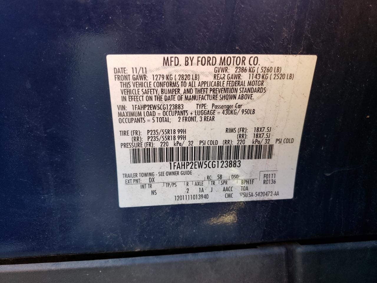 2012 Ford Taurus Sel VIN: 1FAHP2EW5CG123883 Lot: 57157834