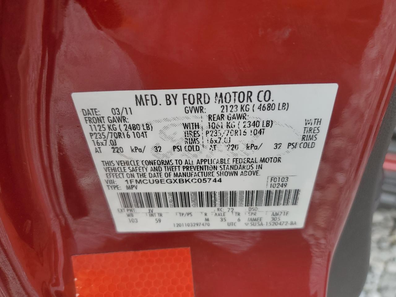 1FMCU9EGXBKC05744 2011 Ford Escape Limited