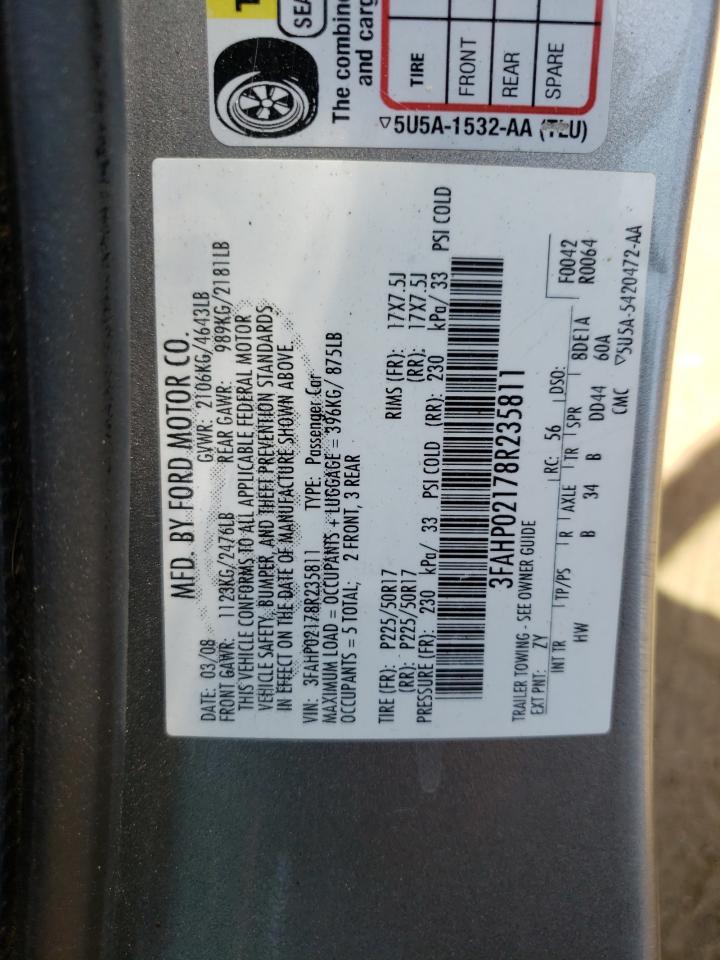 2008 Ford Fusion Sel VIN: 3FAHP02178R235811 Lot: 60486784