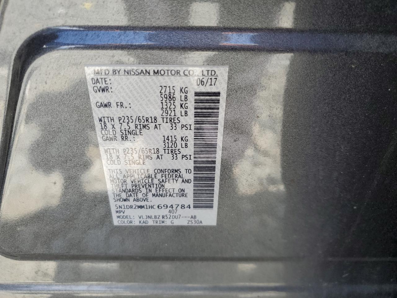 2017 Nissan Pathfinder S VIN: 5N1DR2MM1HC694784 Lot: 58698854