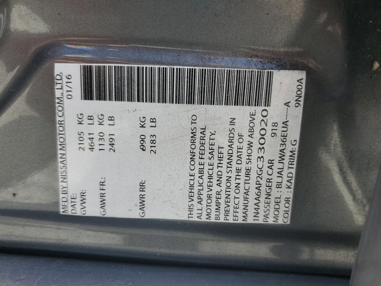 2016 Nissan Maxima 3.5S VIN: 1N4AA6AP2GC330020 Lot: 94170025