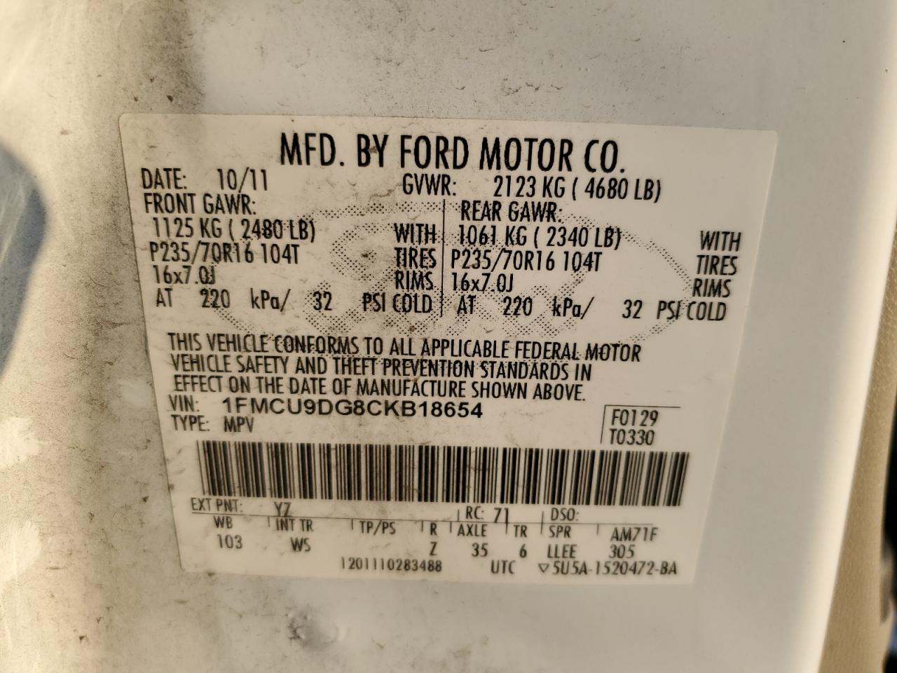 2012 Ford Escape Xlt VIN: 1FMCU9DG8CKB18654 Lot: 58429284