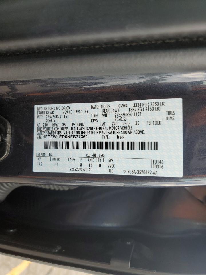 2022 Ford F150 Supercrew VIN: 1FTFW1ED6NFB77361 Lot: 58966574