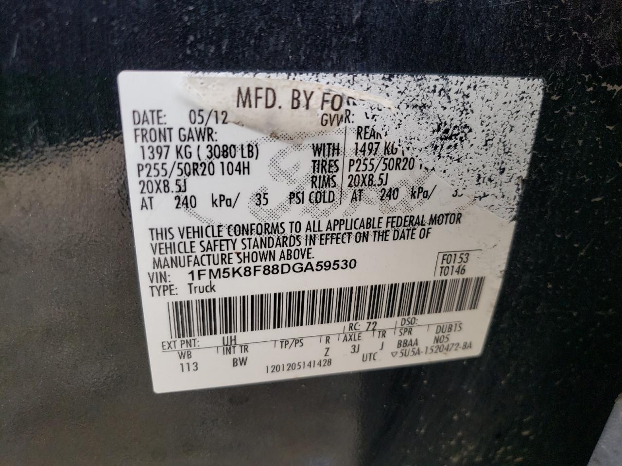 2013 Ford Explorer Limited VIN: 1FM5K8F88DGA59530 Lot: 59946444