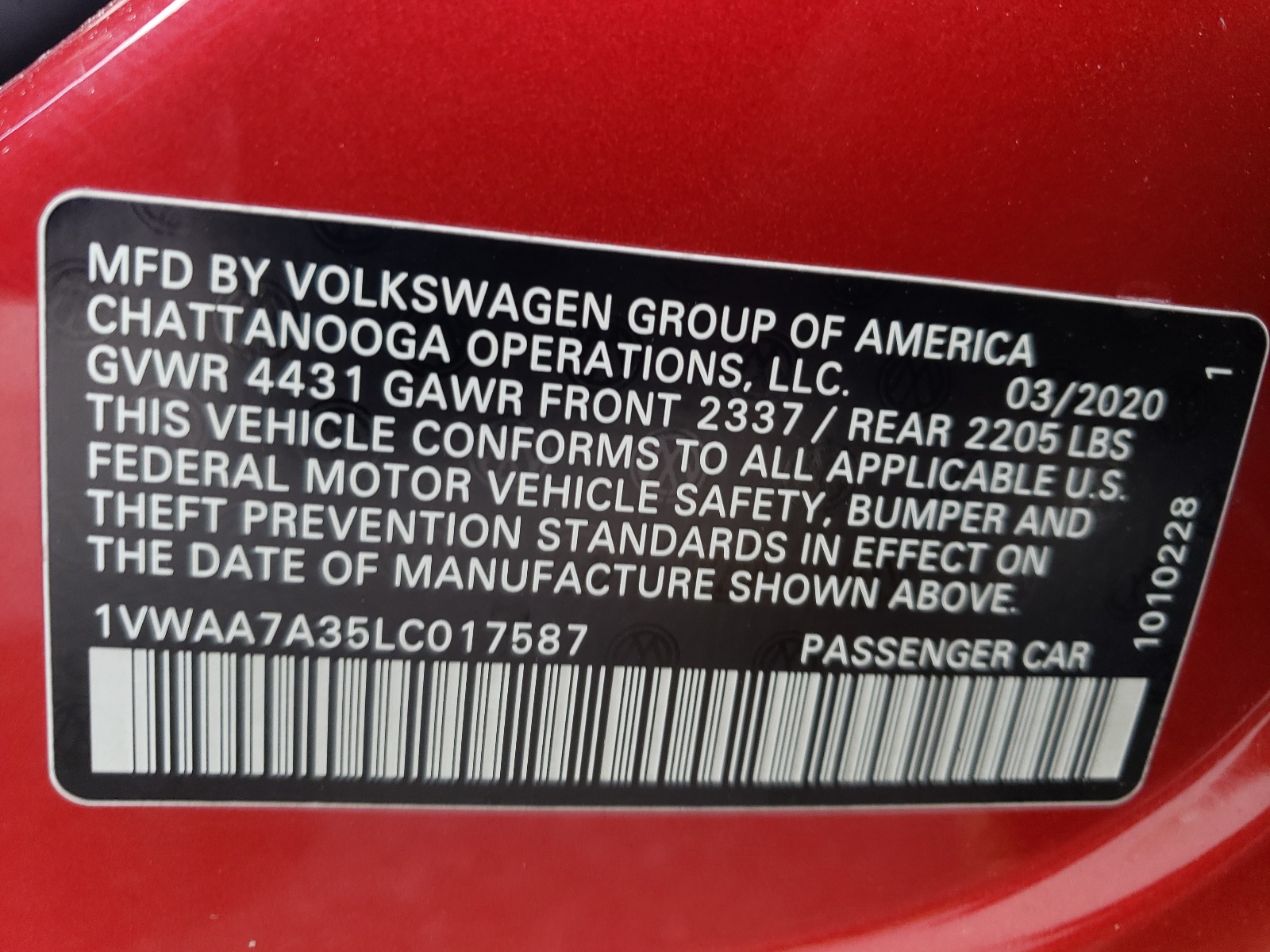 1VWAA7A35LC017587 2020 Volkswagen Passat S