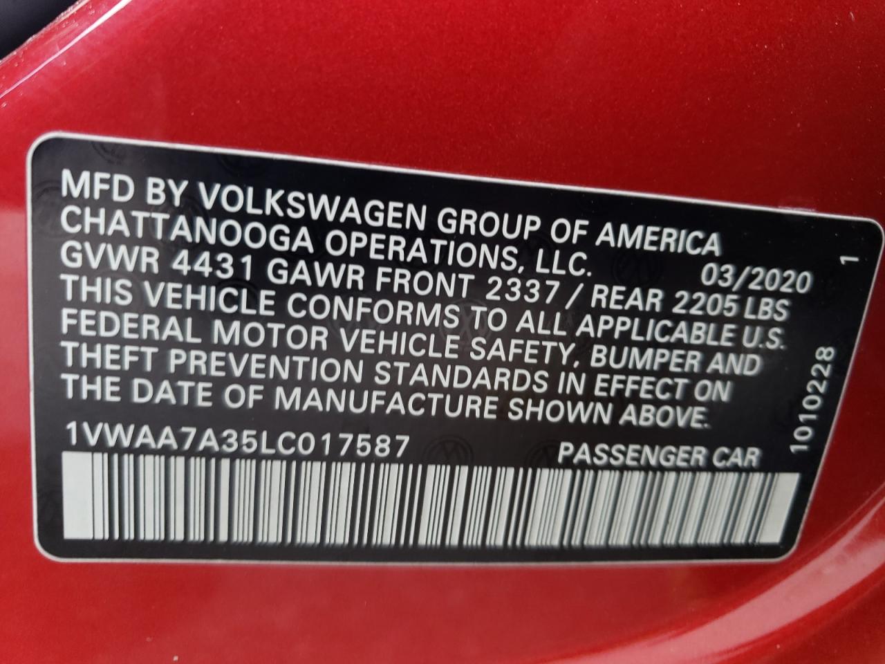 2020 Volkswagen Passat S VIN: 1VWAA7A35LC017587 Lot: 60588374