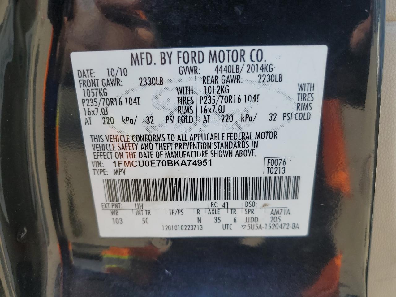 2011 Ford Escape Limited VIN: 1FMCU0E70BKA74951 Lot: 59060354