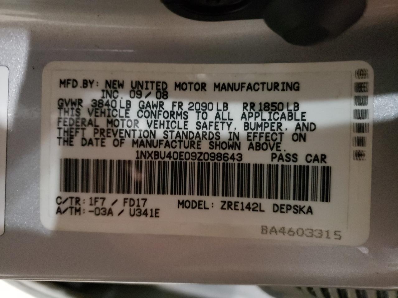 1NXBU40E09Z098643 2009 Toyota Corolla Base