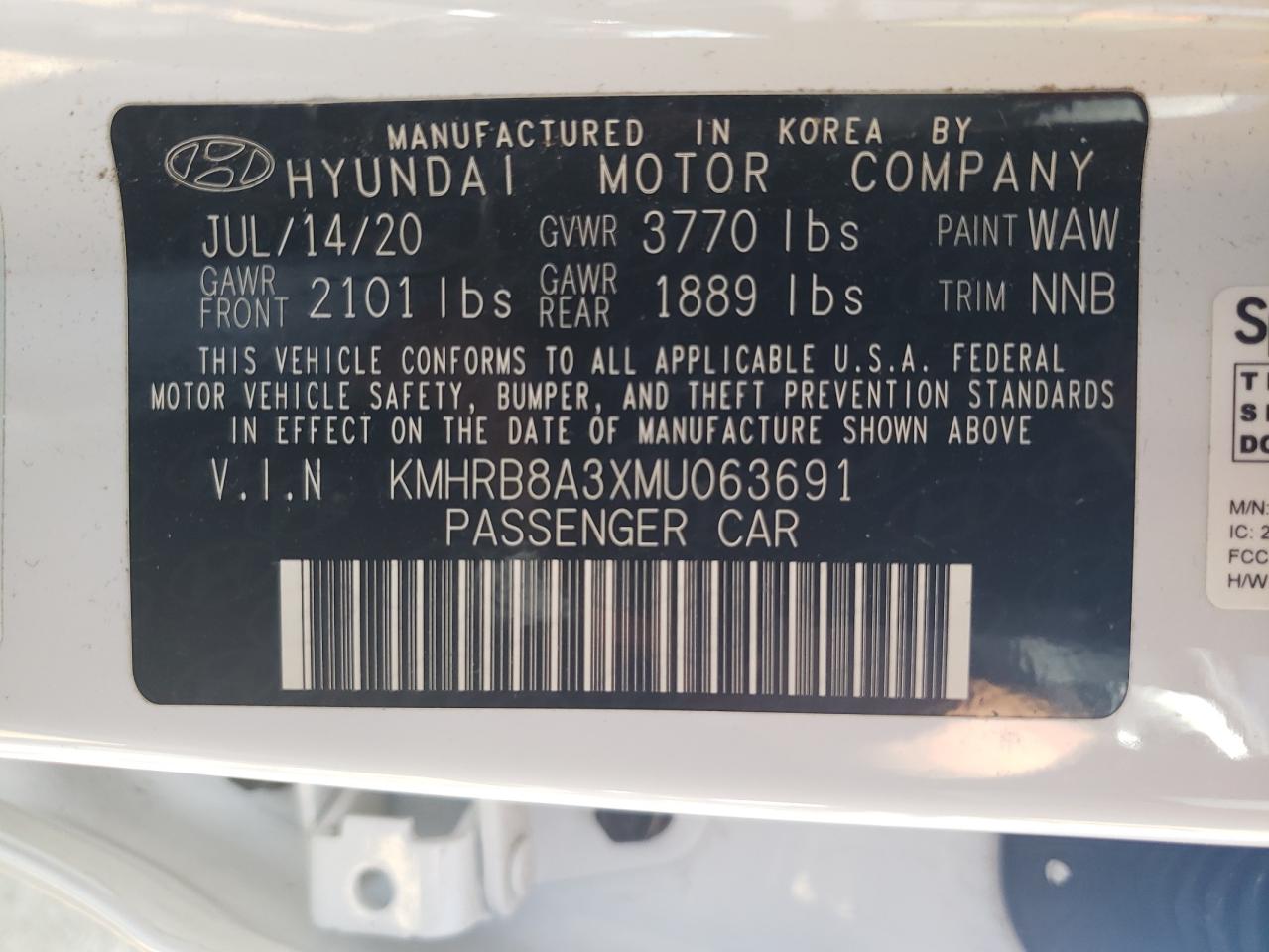 2021 Hyundai Venue Se VIN: KMHRB8A3XMU063691 Lot: 59080114