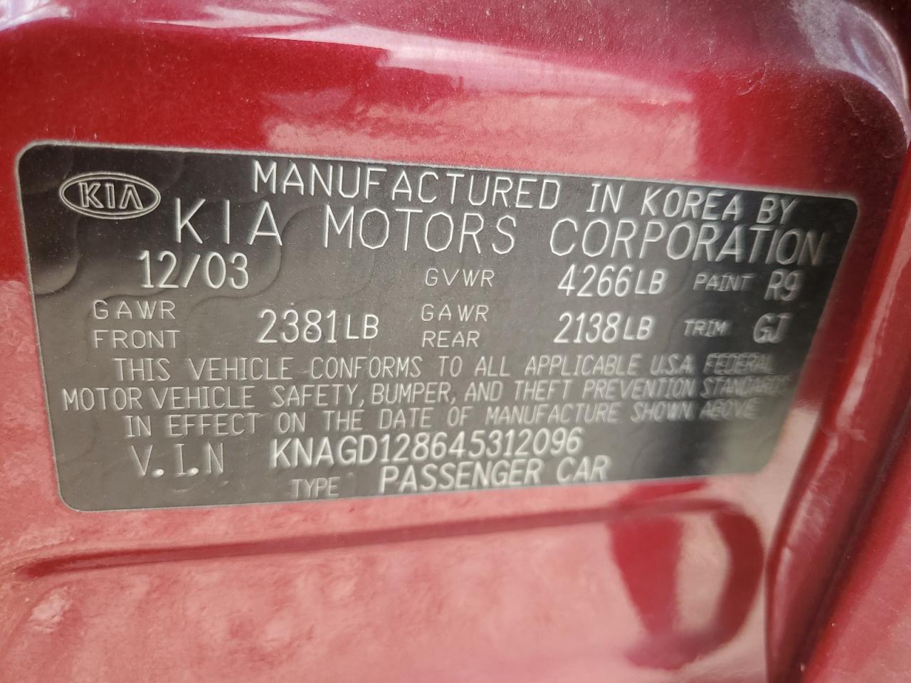 2004 Kia Optima Lx VIN: KNAGD128645312096 Lot: 59536254