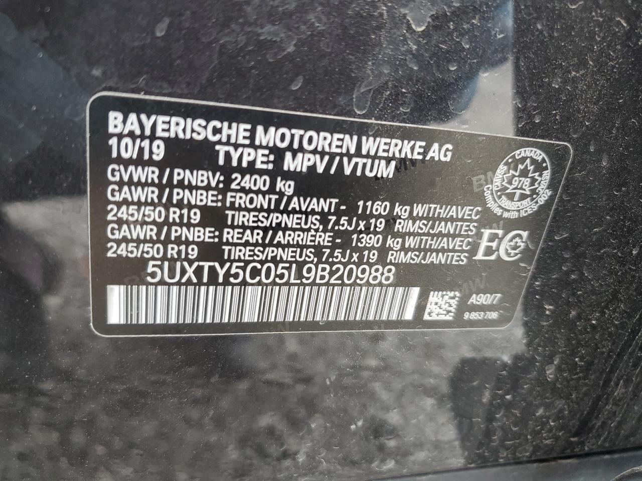 2020 BMW X3 xDrive30I VIN: 5UXTY5C05L9B20988 Lot: 61029814