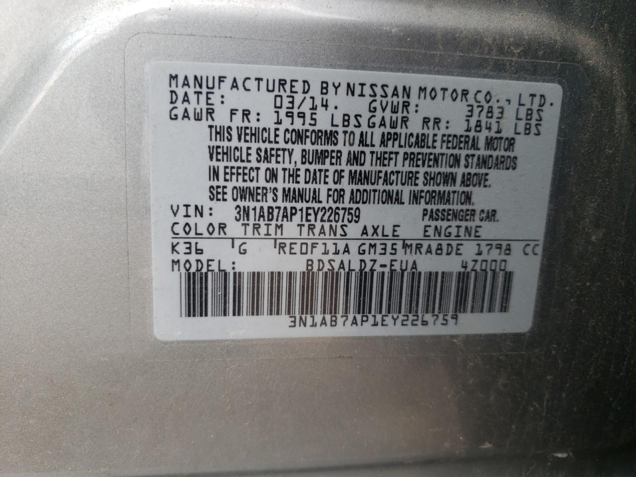 3N1AB7AP1EY226759 2014 Nissan Sentra S