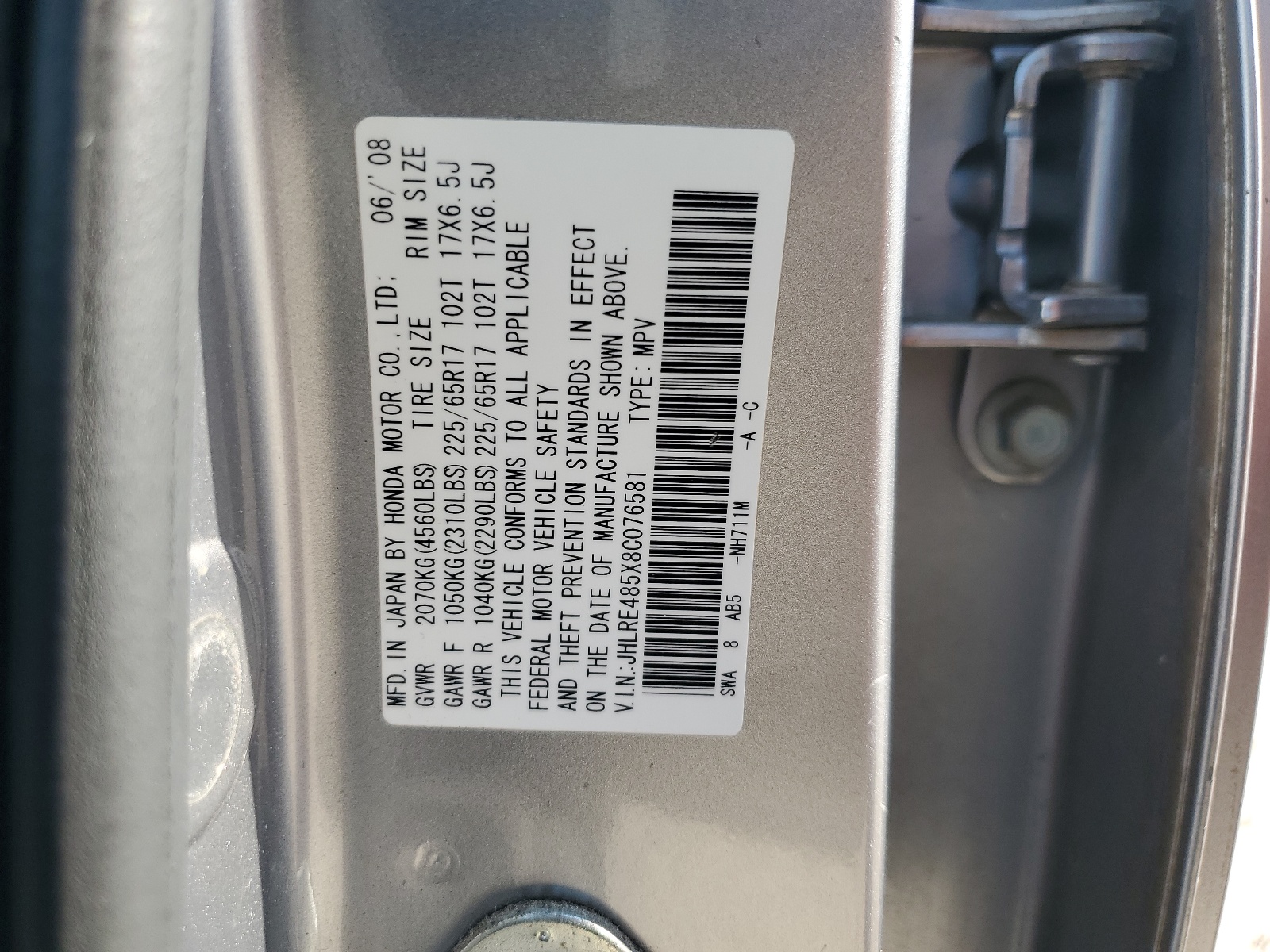 JHLRE485X8C076581 2008 Honda Cr-V Ex