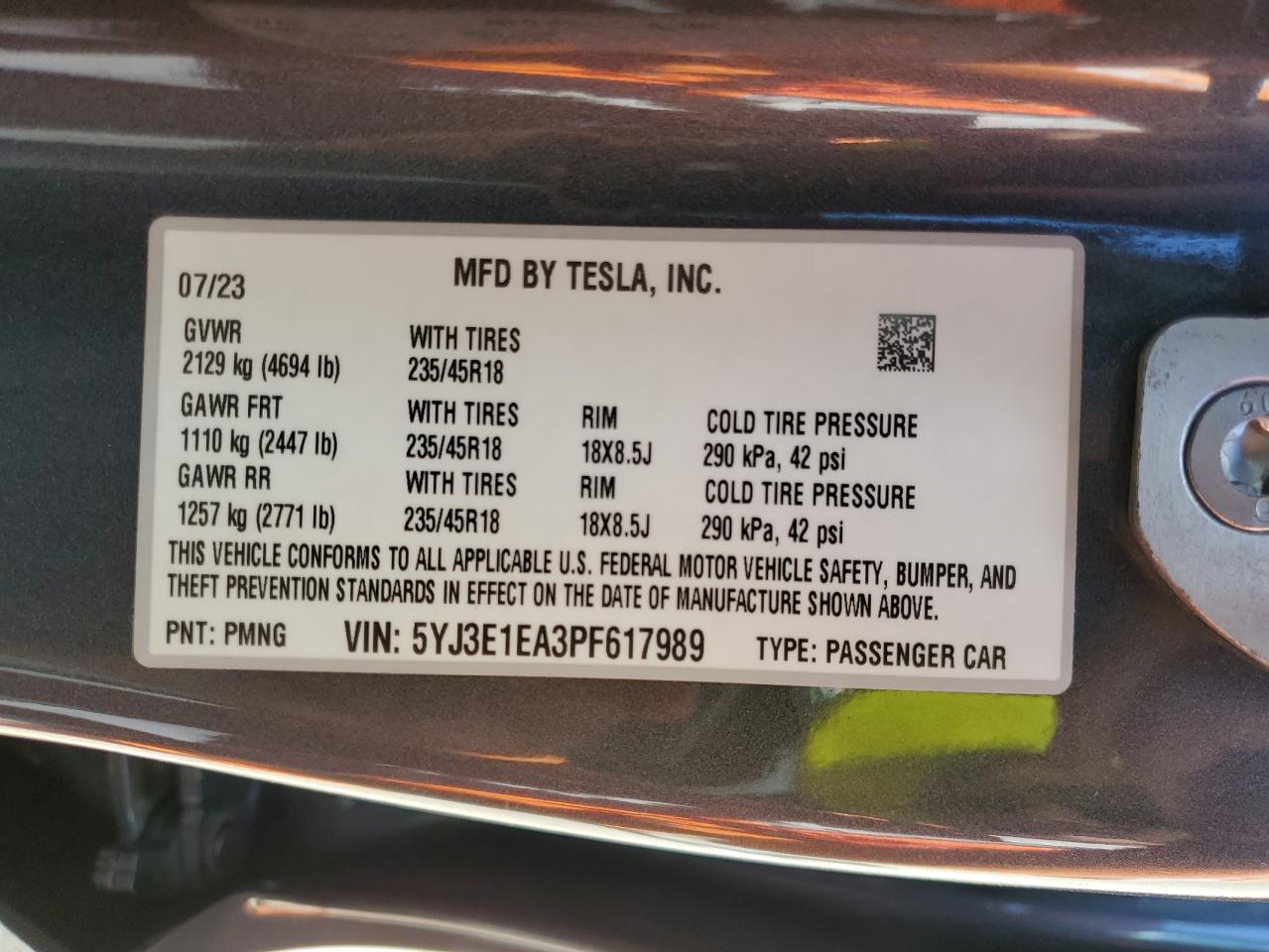 2023 Tesla Model 3 VIN: 5YJ3E1EA3PF617989 Lot: 67089164