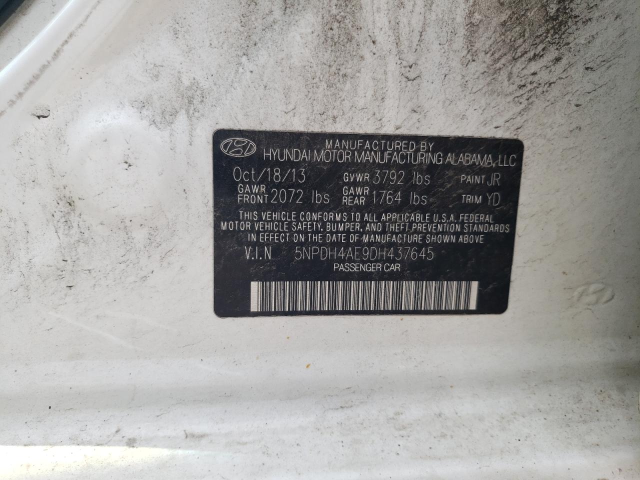 2013 Hyundai Elantra Gls VIN: 5NPDH4AE9DH437645 Lot: 59435314