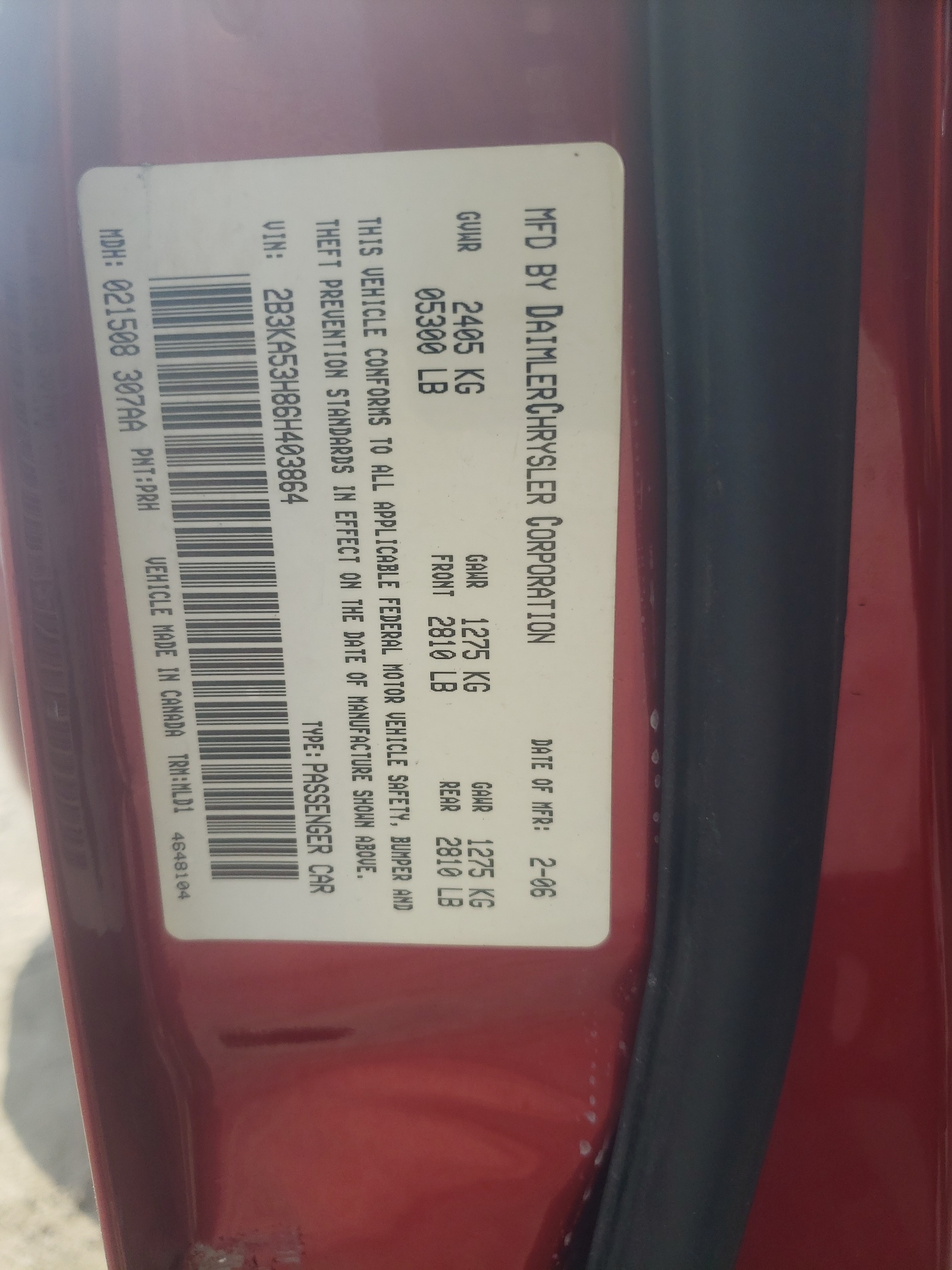 2B3KA53H86H403864 2006 Dodge Charger R/T